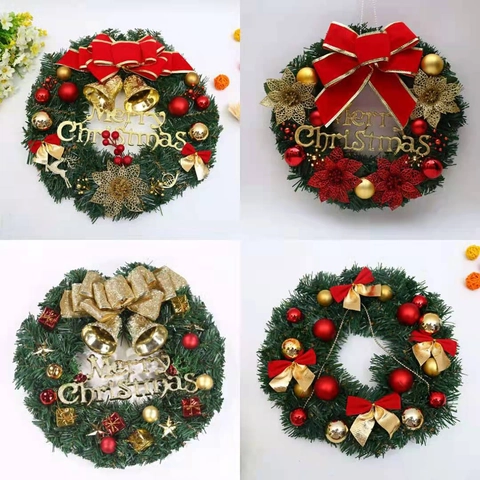 Ghirlanda Di Natale Artificiale Con Fiocchi Rossi Campanelli Dorati Aghi Di Pino Scritta Merry Christmas Decorazione Casa