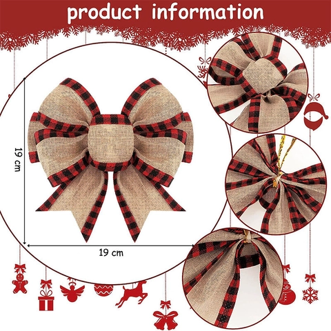 Large Christmas Bows Velvet Burlap Plaid Edge Reindeer Snowflake Print Hanging Decoration Tree Holiday Party Decor