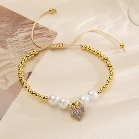 Heart Pendant Bracelet 18K Gold Plated Copper Beads Faux Artificial Pearl Adjustable Drawstring Fashion Jewelry For Women