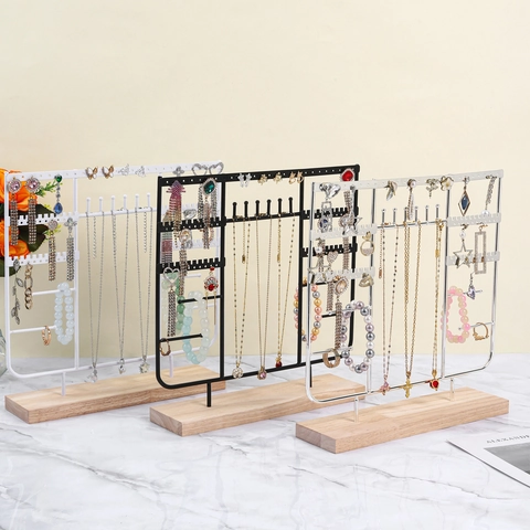 Jewelry Display Stand Metal Iron Organizer With Wood Base For Necklaces Earrings Bracelets Desktop Holder Rack