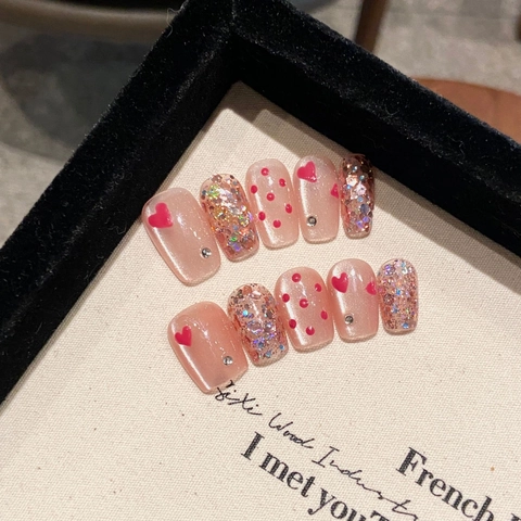 Uñas Postizas Press On Hechas A Mano Cat Eye Rosa Purpurina Corazón Cuadradas Redondas Para Mujeres