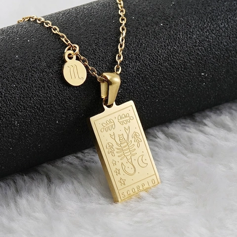12 Zodiac Sign Necklace 18K Gold Plated Stainless Steel Rectangular Constellation Pendant Double Charm Jewelry For Women
