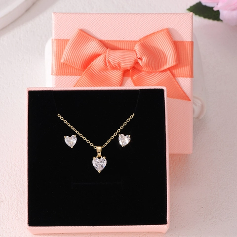 Heart Zirconia Jewelry Set For Women Gold Copper Heart Necklace And Stud Earrings With Pink Gift Box Valentine Gift