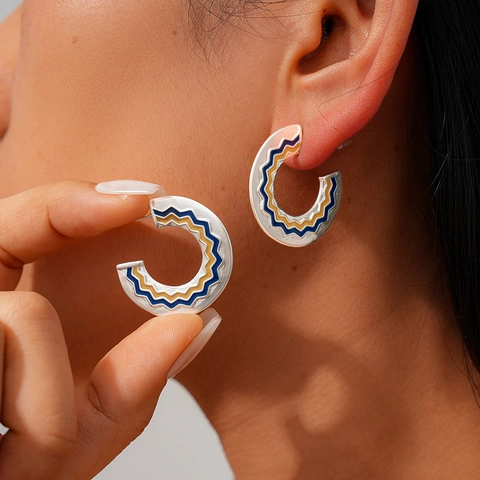Minimalistische C-Form Creolen Mit Bunter Emaille Wellentextur Silver Earring Post Kupfer Schmuck Für Damen