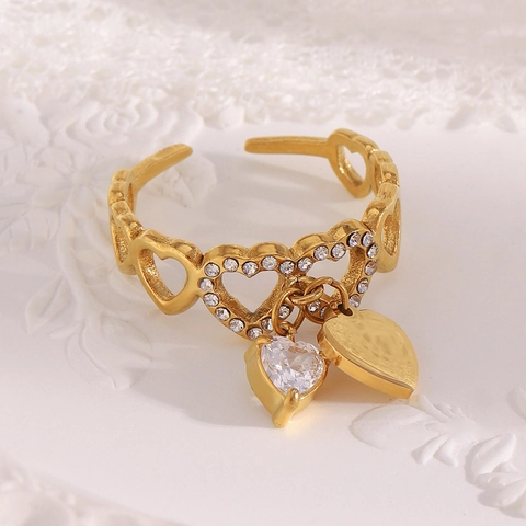 Verstelbare Hart Open Ring 18K Verguld Roestvrij Staal Witte Zirkoon Kwastje Hangers Holle Mode Sieraden Voor Vrouwen