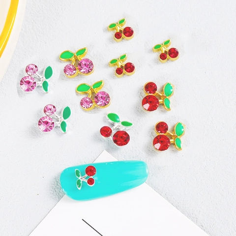 Dijes Brillantes De Cereza Para Uñas Aleación Metal Con Diamantes De Imitación Rojos Rosas Decoraciones Frutas 3D DIY