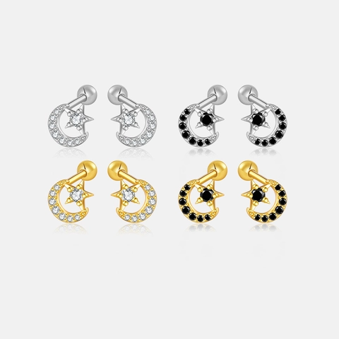 Orecchini A Lobo Stella Luna Argento Sterling 925 Zirconia Con Chiusura A Vite Elegante Per Donna