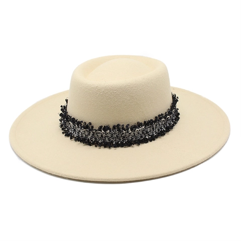 Wide Brim Wool Felt Boater Hat For Women And Men Solid Color Fedora With Tweed Ribbon Fringe Vintage Flat Top Jazz Cap