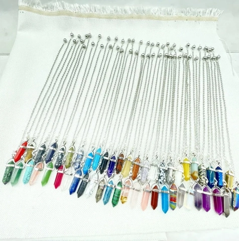 Natural Stone Crystal Hexagonal Column Pendant Necklace Bullet Point Healing Reiki Pendulum Jewelry With Alloy Chain