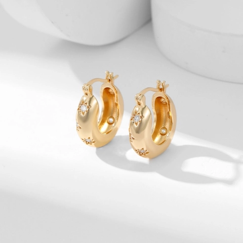 Orecchini Huggie Hoop In Rame Placcato Oro Zircone Intarsiato Stella Cuore Geometrico Cavo Moda Donna
