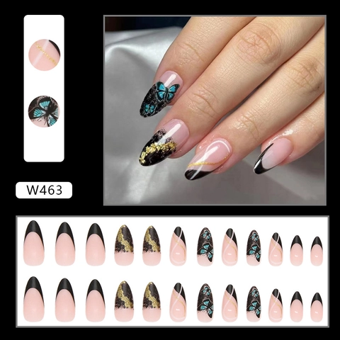 Uñas Postizas Press On Nails Almendradas Largas Francesas Negro Degradado Con Diseño De Mariposa Brillo Dorado Elegantes Uñas Artificiales Para Mujeres