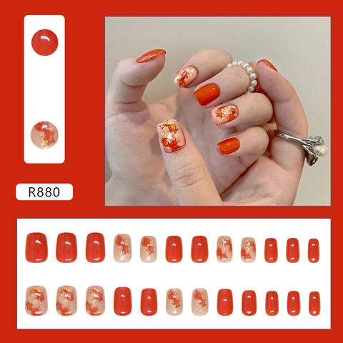 Koi Fish Press On Nails Red Solid Color With Gold Foil Decoration Short Square Round Shape Artificial Fingernails