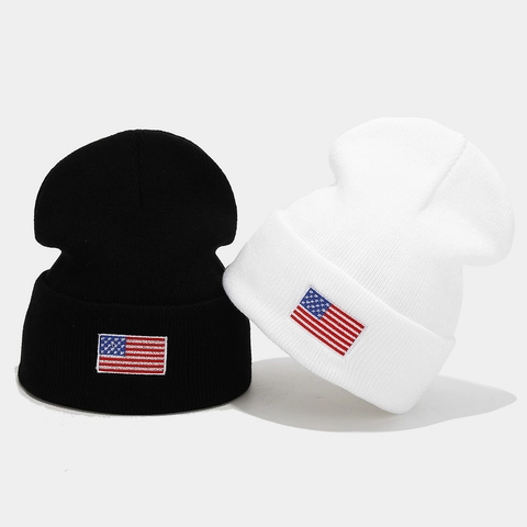 American Flag Embroidered Knit Beanie Winter Warm Acrylic Skull Cap For Men Women Casual Outdoor Fashion Cuff Hat
