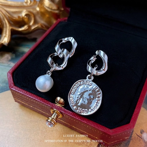 Asymmetric Earrings With Artificial Pearl And Metal Coin Pendant French Retro Vintage Style With 925 Sterling Silver Earring Post