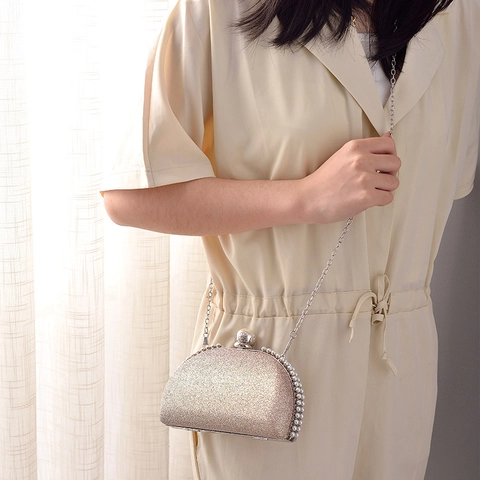 Pochette Da Sera Da Donna Glitterata A Forma Di Conchiglia Con Finiture In Künstliche Perle E Tracolla A Catena Elegante Per Festa