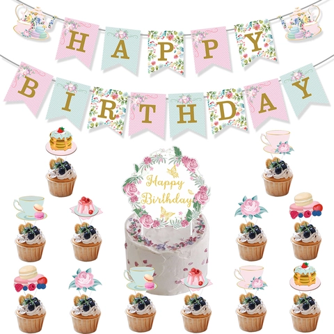 Floral Tea Party Birthday Decoration Banner Cake Toppers Spiral Hanging Ornaments Vintage Paper Party Supplies Afternoon Tea