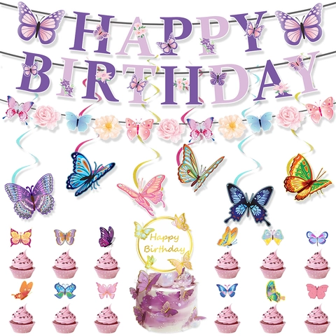 Butterfly Birthday Party Decorations Paper Banner Garland Hanging Swirls Cupcake Toppers For Girls Kids Event Theme