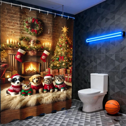 Weihnachts Duschvorhang Wasserdichtes Polyester Digitaldruck Kamin Baum Haustiere Badezimmer Dekoration Feiertagsthema Mit Haken