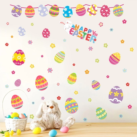 Autocollants Muraux Lapin Oeufs Pâques Dessin Animé PVC Fleur Colorée Stickers Fenêtre Décoratifs Amovibles Décalcomanie Maison Salon