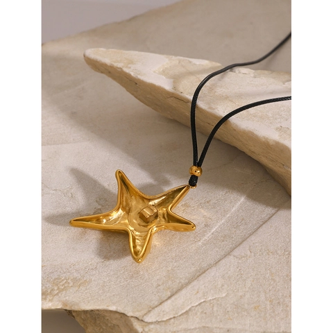 Collana Con Pendente Stella Marina Acciaio Inossidabile Placcato Oro 18K Retro Testurizzato Catena Corda Gioielli Donna