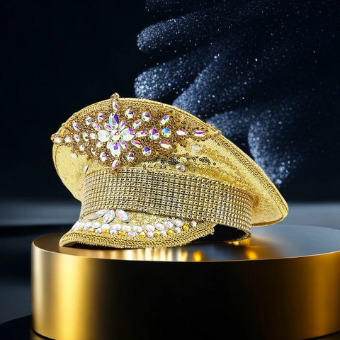 Cappello Da Capitano Con Paillettes Dorate Lusso Berretto Militare Scintillante Con Strass Per Festival Festa Spettacolo