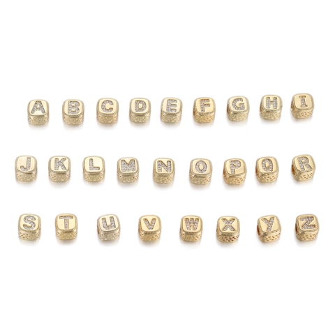 Square Alphabet Beads Gold Copper CZ Micro Inlaid Initial Letter Cube Spacer Charms For DIY Jewelry Making Vintage