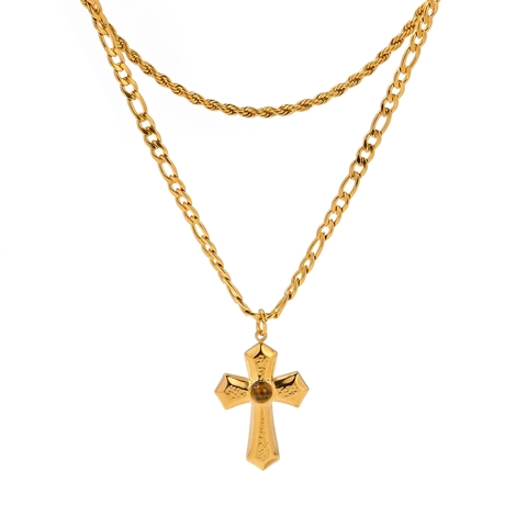 Vintage Französische Doppellagige Kreuz Halskette 18K Vergoldeter Edelstahl Tigerauge Stein Anhänger Figaro Kette Schmuck