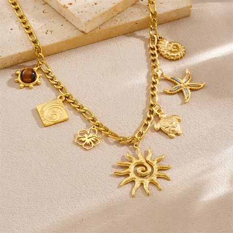 Multi Hanger Ketting Verguld Roestvrij Staal Tijgeroog Steen Zeeschildpad Zeester Zon Chic Bohemien Sieraden Vrouwen