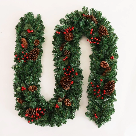 Ghirlanda Di Natale Artificiale PVC Pigne Bacche Rosse Rattan Spesso Per Scala Ringhiera Camino Decorazione Natalizia