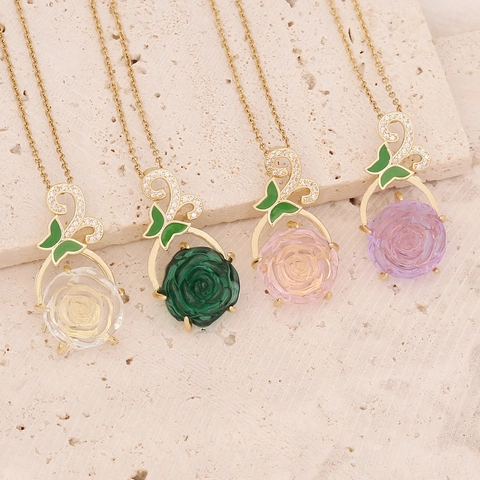 Rose Flower Pendant Necklace Butterfly Enamel Leaf Stainless Steel Copper Glass Clavicle Chain Jewelry For Women Elegant