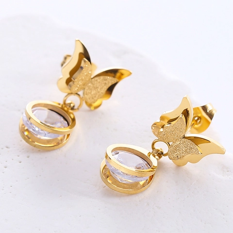 Pendientes De Gota De Mariposa Elegantes De Acero Inoxidable 316L Arenado Con Colgante De Circón Redondo Para Mujer