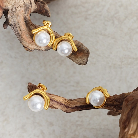 Pendientes de Acero de Titanio con Perla Artificial para Mujer Chapados en Oro Plata Geométricos Irregulares Pendientes de Botón Joyería