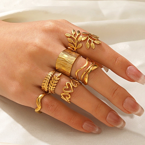 Stainless Steel Adjustable Open Ring For Women Heart Star Moon Wave Geometric Gold Plated Fashion Jewelry
