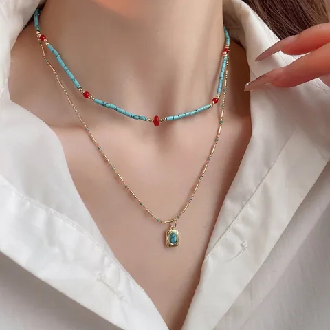 Collana A Strati Bohemien Vintage Turchese Sintetico Perline Choker Lega Pendente Rettangolo Gioielli Per Donna