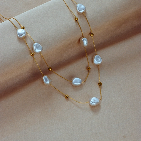 Baroque Artificial Pearl Double Layer Stainless Steel Necklace For Women 18K Gold Plated Clavicle Chain Retro Fashion Jewelry