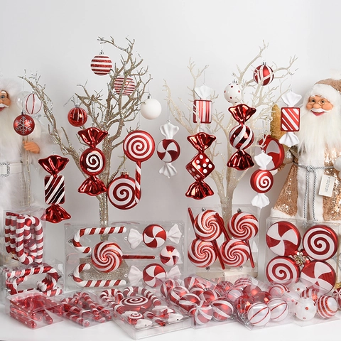 Christmas Hanging Ornaments Plastic Red And White Candy Cane Lollipop Festive Tree Window Display Painted Glitter
