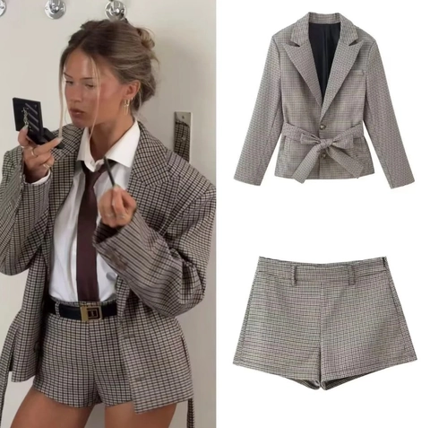 Ensemble Blazer Et Short À Carreaux Pied De Poule Pour Femmes Polyester Taille Nouée Manches Longues Mode Vintage Bureau