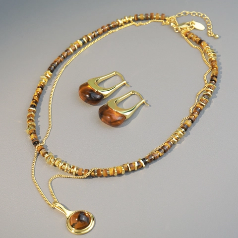 Conjunto de Joyas Retro Francés Collar de Cuentas Ojo de Tigre Colgante Cristal Ahumado Pendientes Ámbar Mujer