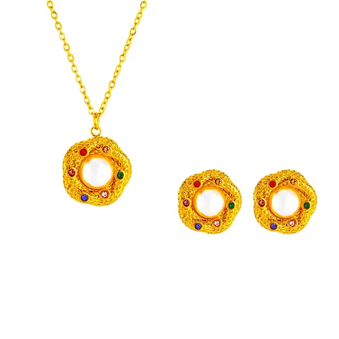 Set Gioielli in Acciaio Inossidabile Vintage per Donna Collana e Orecchini Con Perla Artificiale Strass Multicolore Ciondolo Bottone