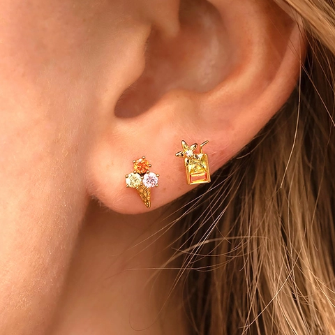 Brass Zircon Cartilage Stud Earrings With Silver Earring Post Cute Sweet Ice Cream Heart Candy Shape Screw Back Jewelry