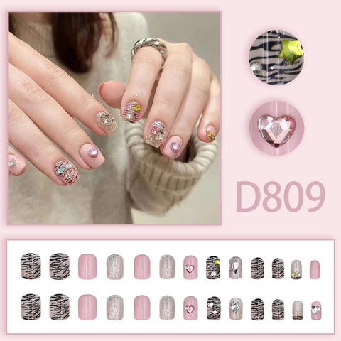 Faux Ongles À Presser Roses Avec Rayures De Tigre Et Strass En Forme De Cœur Et D'Étoile Pour Femmes