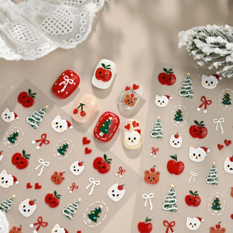 Pegatinas Arte De Uñas Navidad 3D Relieve Dibujos Animados Gato Árbol Decoración Manicura Para Belleza De Vacaciones Invierno