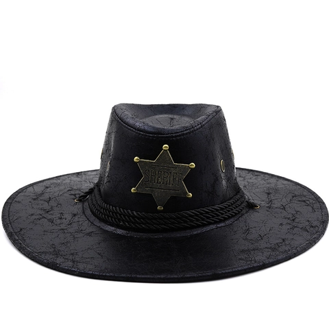 Cappello Da Cowboy Western Sheriff Vintage Pelle PU Tesa Larga Con Distintivo A Stella In Metallo Corda Intrecciata Gioco Di Ruolo