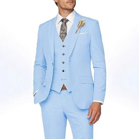 Men Slim Fit 3-Piece Suit Set Business Wedding Formal Blazer Vest Pants Casual One Button Smart Business Attire