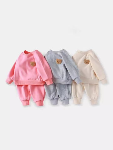 Kids Sweatshirt And Pants Bear Patch Cotton Polyester Fleece Lining Round Neck Long Sleeve Sports Outfit Boys Girls