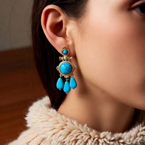 Orecchini Pendenti Boho Con Pietra Turchese E Rame Placcato Oro Silver Earring Post Gioielli Etnici Vintage Per Donna