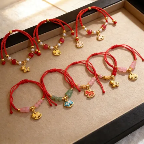Red String Braided Bracelet With Gold Horse Charm Colorful Beads Lucky New Year Adjustable Ethnic Jewelry For Women