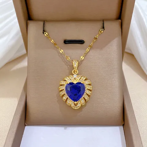 Herz Anhänger Halskette Titanstahl Gold Überzogenes Kupfer Blau Zirkonia Mikro Pave Strass Elegant Schmuck Damen