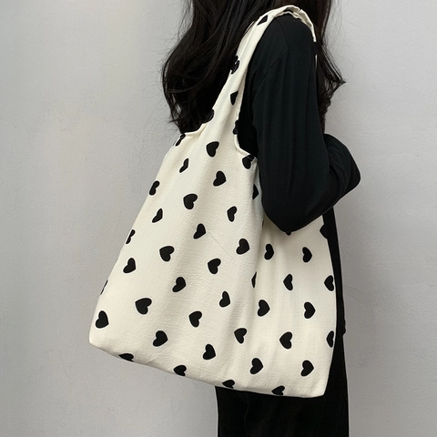 Bolso Tote De Lona Con Estampado De Corazones Gran Capacidad Bolso De Hombro Neceser Estilo Dulce Para Mujeres Diario