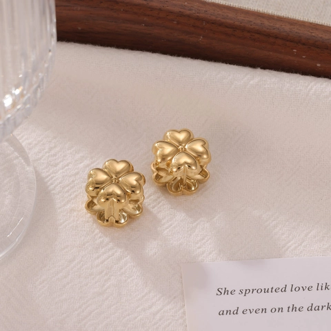3D Clover Stainless Steel Stud Earrings For Women Vintage Titanium Steel Floral Heart Shape Leaf Earrings Fashion Jewelry